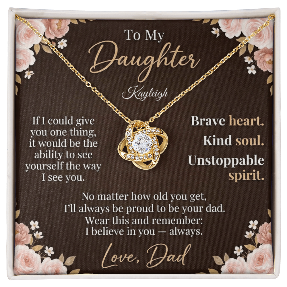To My Daughter - Personalized Love Knot Necklace | Brave Heart Kind Soul | Custom Name Card