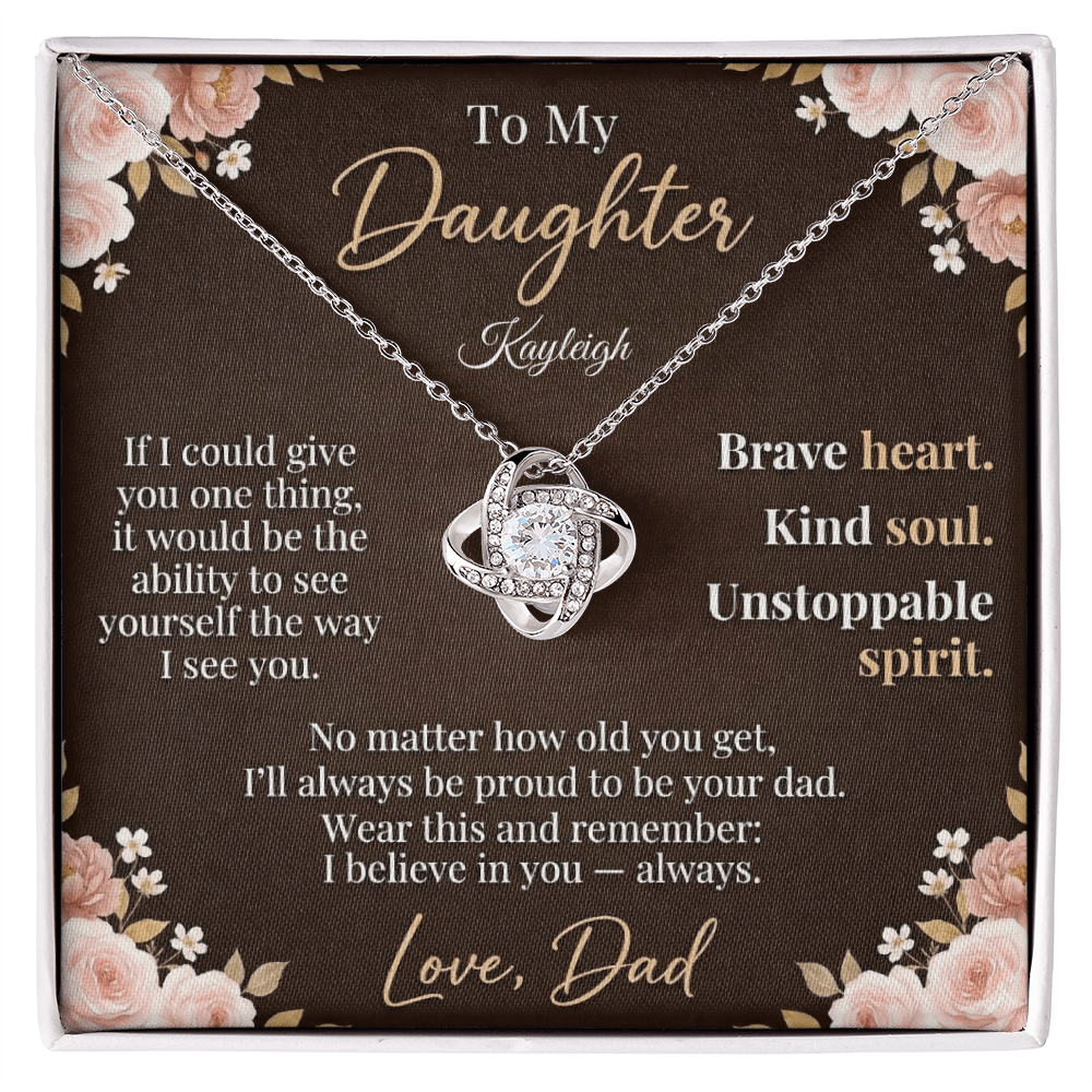 To My Daughter - Personalized Love Knot Necklace | Brave Heart Kind Soul | Custom Name Card