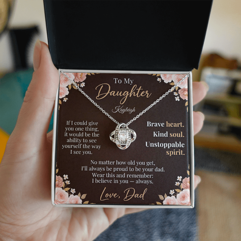 To My Daughter - Personalized Love Knot Necklace | Brave Heart Kind Soul | Custom Name Card
