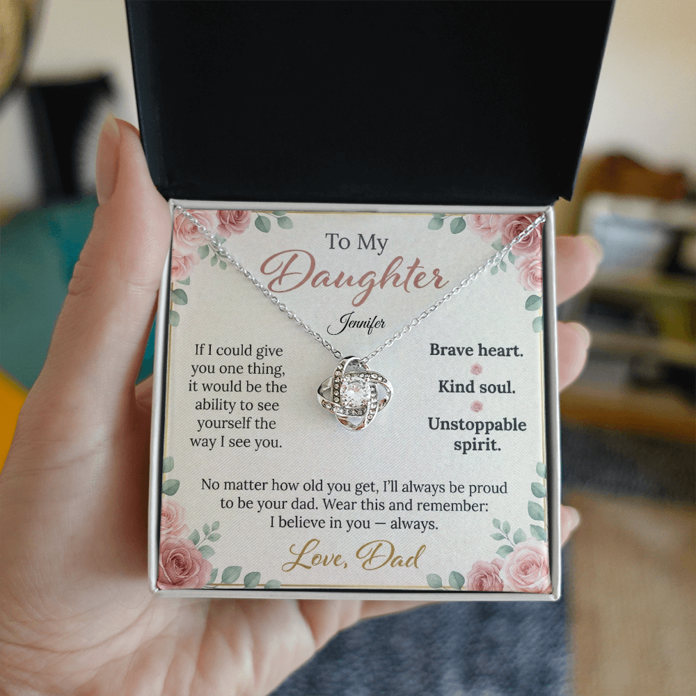 To My Daughter - Love Knot Necklace | Brave Heart Kind Soul | Custom Name Floral Card