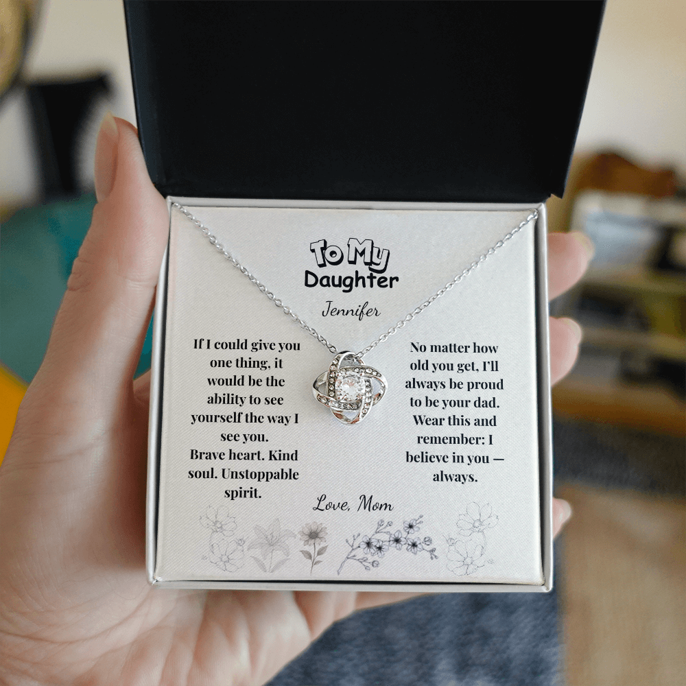To My Daughter - Love Knot Necklace | Brave Heart Kind Soul from Dad | Custom Name Minimalist Floral Card