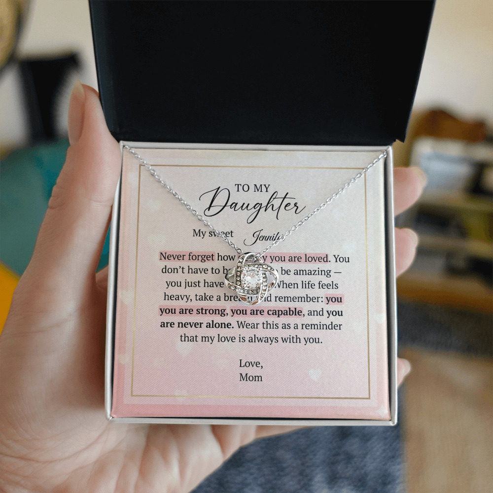 To My Daughter - Love Knot Necklace | Custom Name Heart Message Card | You Are Never Alone Gift