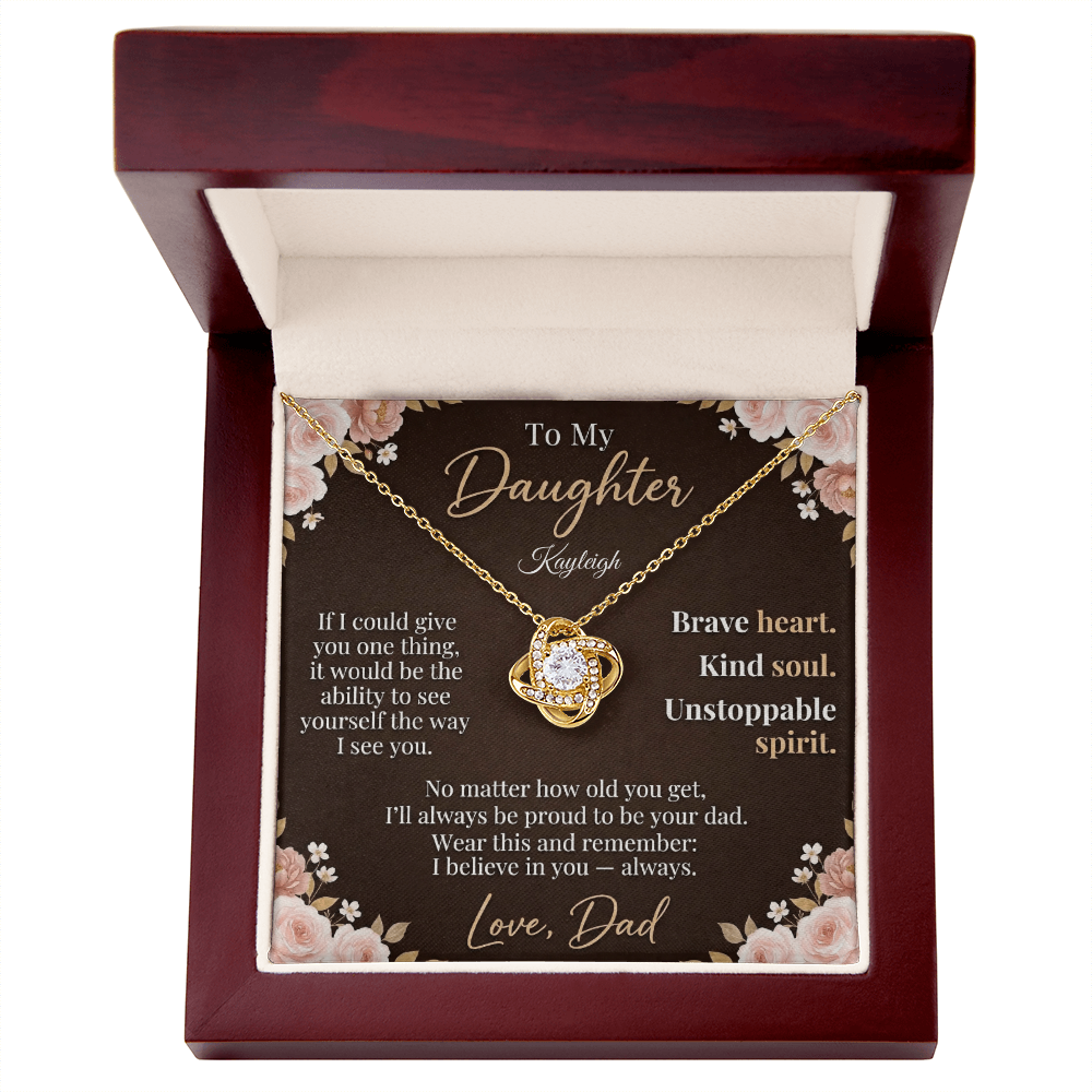 To My Daughter - Personalized Love Knot Necklace | Brave Heart Kind Soul | Custom Name Card