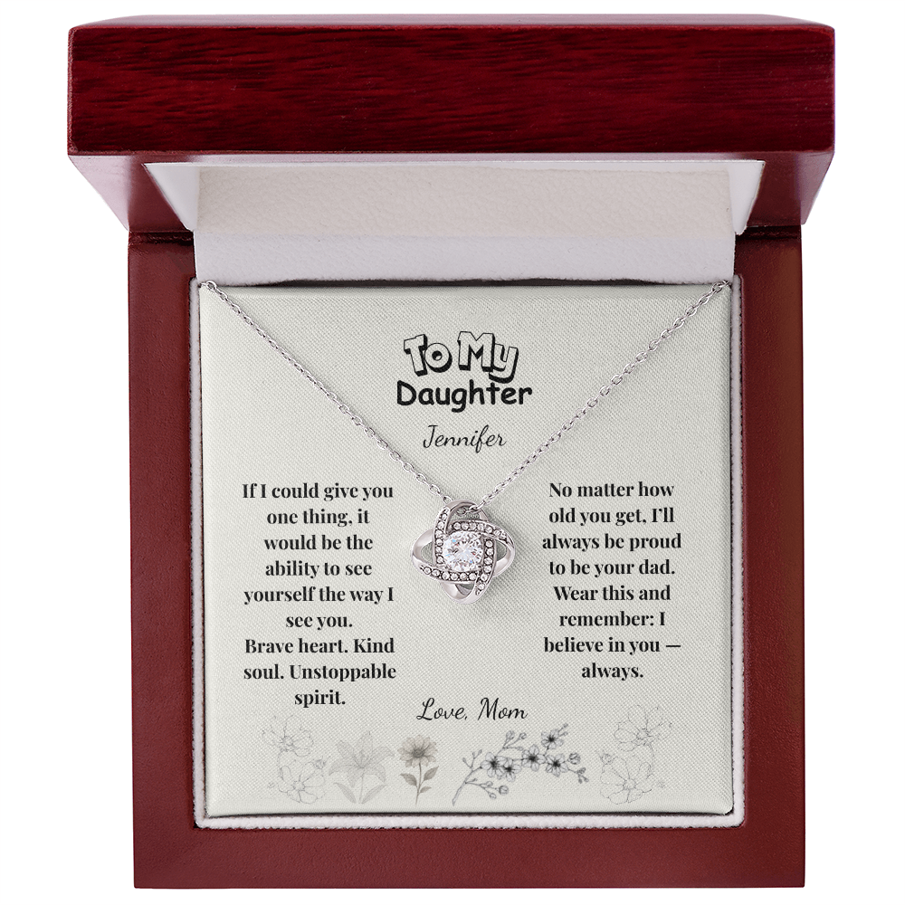 To My Daughter - Love Knot Necklace | Brave Heart Kind Soul from Dad | Custom Name Minimalist Floral Card